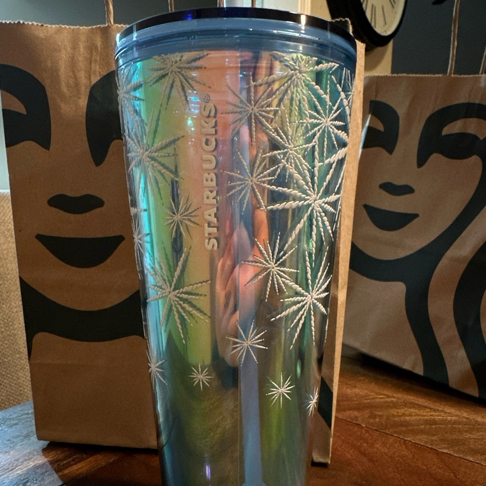 Starbucks Baby Blue Holographic Winter Falling
Snowflakes  20 Oz Tumbler. NWT.